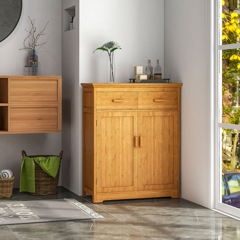 Supfirm Bathroom Storage Cabinet, Bamboo Floor Cabinet with Drawers, Double Doors and Adjustable Shelves, Natural