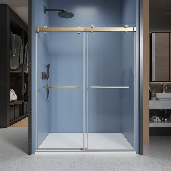 Supfirm 50'' - 54'' W x 76'' H Soft-closing Double Sliding Frameless Shower Door With 3/8 Inch (10mm) Clear Glass in Brushed Gold