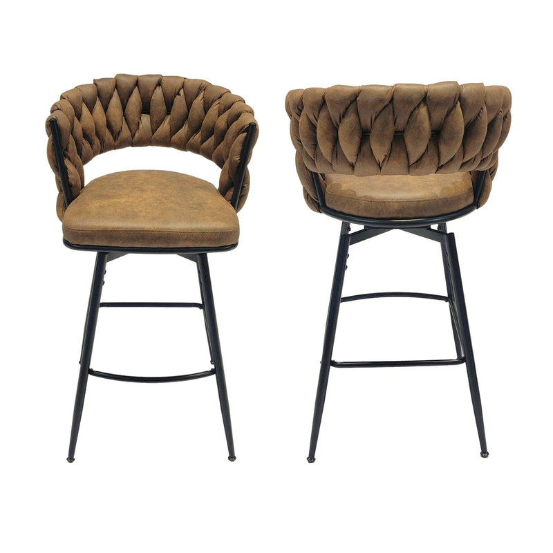 Technical Leather Woven Bar Stool Seat Set of 2,Black legs Barstools No Adjustable Kitchen Island Chairs,360 Swivel Bar Stools Upholstered Bar Chair Counter Stool Arm Chairs with Back Footrest, (Brown) - Supfirm