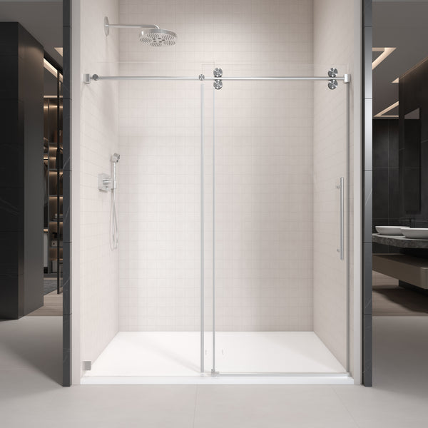 Supfirm 50'' - 54'' W x 76'' H Single Sliding Frameless Shower Door With 3/8 Inch (10mm) Clear Glass in Brushed Nickel