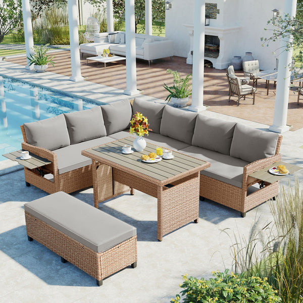 Supfirm TOMAX 5-Piece Outdoor Patio Rattan Sofa Set, Sectional PE Wicker L-Shaped Garden Furniture Set with 2 Extendable Side Tables, Dining Table and Washable Covers for Backyard, Poolside, Indoor, Brown