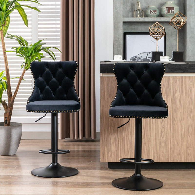 A&A Furniture,Swivel Velvet Barstools Adjusatble Seat Height from 25-33 Inch,17.7 inch base, Modern Upholstered Bar Stools with Backs Comfortable Tufted for Home Pub and Kitchen Island,Black,Set of 2 - Supfirm