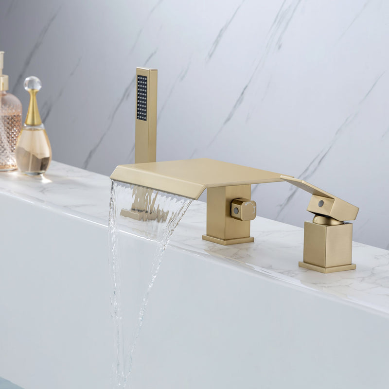 Supfirm Waterfall Roman Tub Faucet with Hand Shower High Flow Bathtub Faucet 3 Hole Widespread Tub Filler Deck Mount Solid Brass