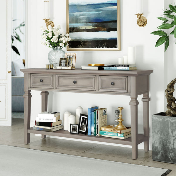 Supfirm TREXM Classic Retro Style Console Table with Three Top Drawers and Open Style Bottom Shelf, Easy Assembly (Gray Wash)