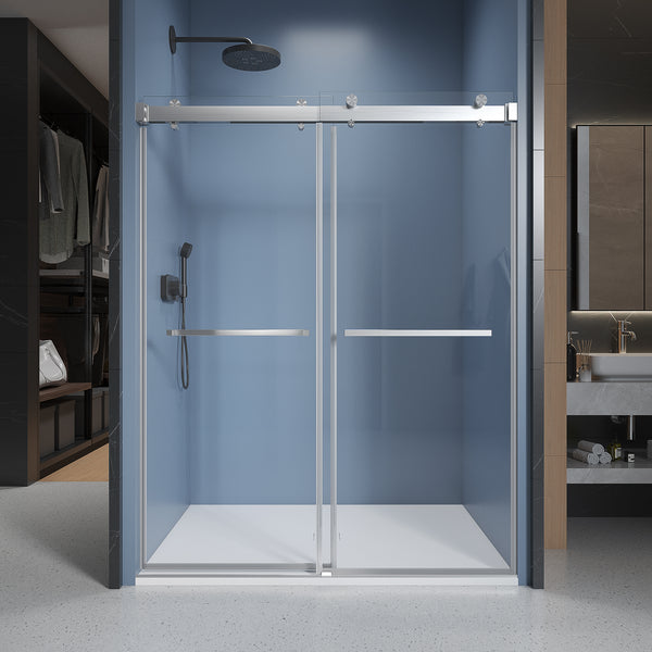 Supfirm 62'' - 66'' W x 76'' H Soft-closing Double Sliding Frameless Shower Door With 3/8 Inch (10mm) Clear Glass in Brushed Nickel