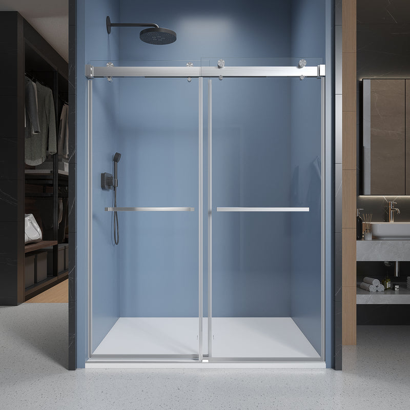 Supfirm 62'' - 66'' W x 76'' H Soft-closing Double Sliding Frameless Shower Door With 3/8 Inch (10mm) Clear Glass in Brushed Nickel