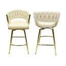 Bar Chair Toweling Woven Bar Stool Set of 2,Golden legs Barstools No Adjustable Kitchen Island Seat Chairs,360 Swivel Bar Stools Upholstered Counter Stool Arm Chairs with Back Footrest, (White) - Supfirm