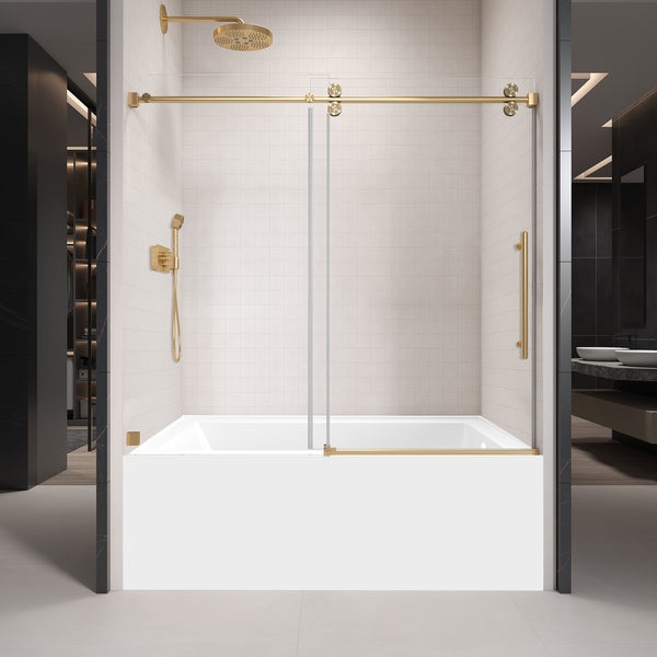 Supfirm 56'' - 60'' W x 60'' H Single Sliding Frameless Tub Shower Door With 3/8 Inch (10mm) Clear Glass in Brushed Gold