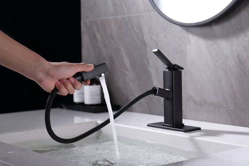 Supfirm Bathroom Sink Faucet with Pull Out Sprayer, Single Handle Basin Mixer Tap for Hot and Cold Water, Lavatory Pull Down Vessel Sink Faucet with Rotating Spout