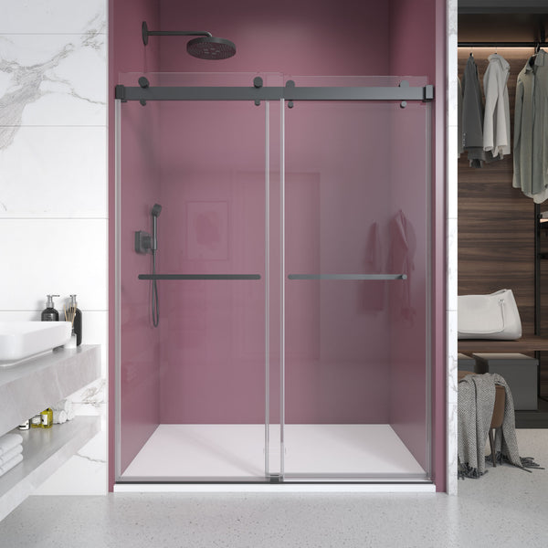 Supfirm 50'' - 54'' W x 76'' H Double Sliding Frameless Shower Door With 3/8 Inch (10mm) Clear Glass in Matte Black