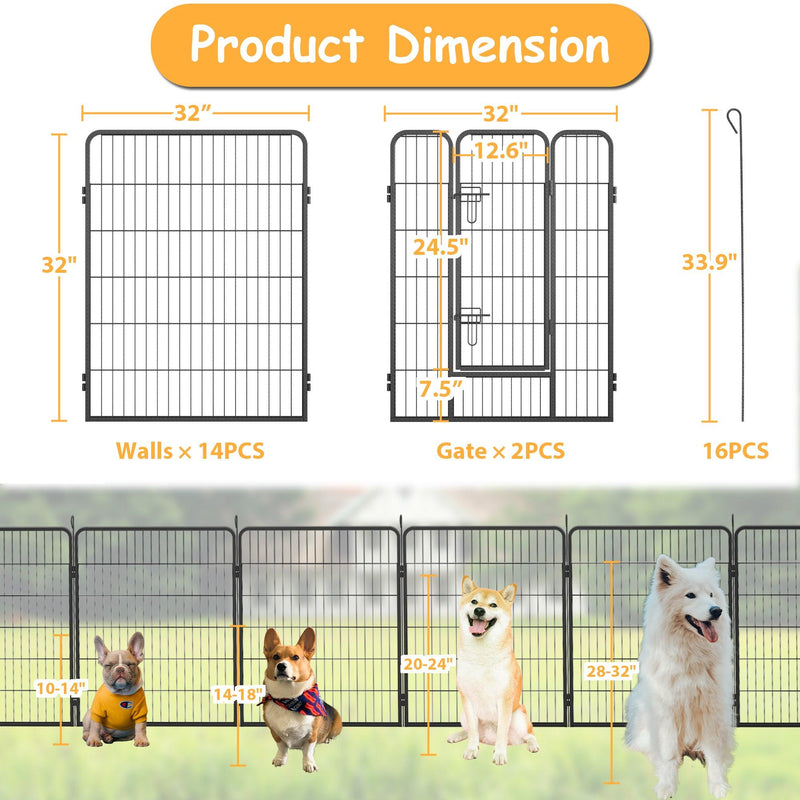 Dog Pens Outdoor 32" Height Foldable 16 Panels Heavy Duty Metal Portable Dog Playpen Indoor Anti-Rust Exercise Dog Fence with Doors for Large/Medium/Small Pets Play Pen for RV Camping Yard - Supfirm