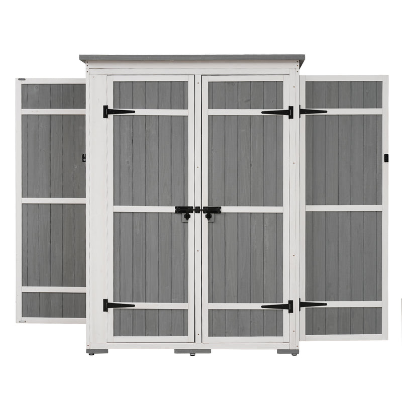 Supfirm [Video Provided] TOPMAX Outdoor 5.5ft Hx4.1ft L Wood Storage Shed, Garden Tool Cabinet with Waterproof Asphalt Roof, Four Lockable Doors, Multiple-tier Shelves, White and Gray