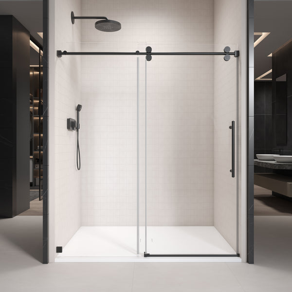 Supfirm 56'' - 60'' W x 76'' H Single Sliding Frameless Shower Door With 3/8 Inch (10mm) Clear Glass in Matte Black