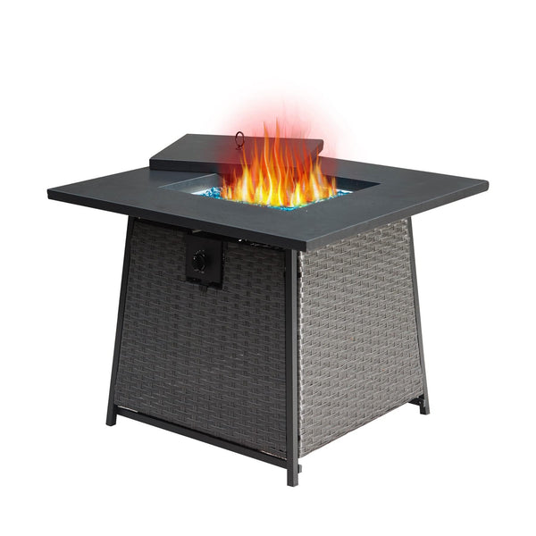 Supfirm 28 Inch Propane Fire Pits Table with Blue Glass Ball,50,000 BTU Outdoor Wicker Fire Table with ETL-Certified,2-in-1 Square Steel Gas Firepits (Dark Gray)