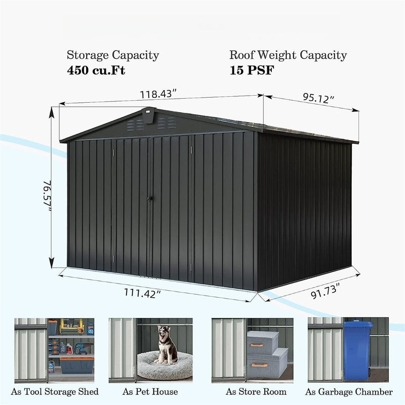 Supfirm Outdoor Storage Shed 10'x 8', Metal Garden Shed for Bike, Trash Can, Tools, Galvanized Steel Outdoor Storage Cabinet with Lockable Door for Backyard, Patio, Lawn (10x8ft, Black)