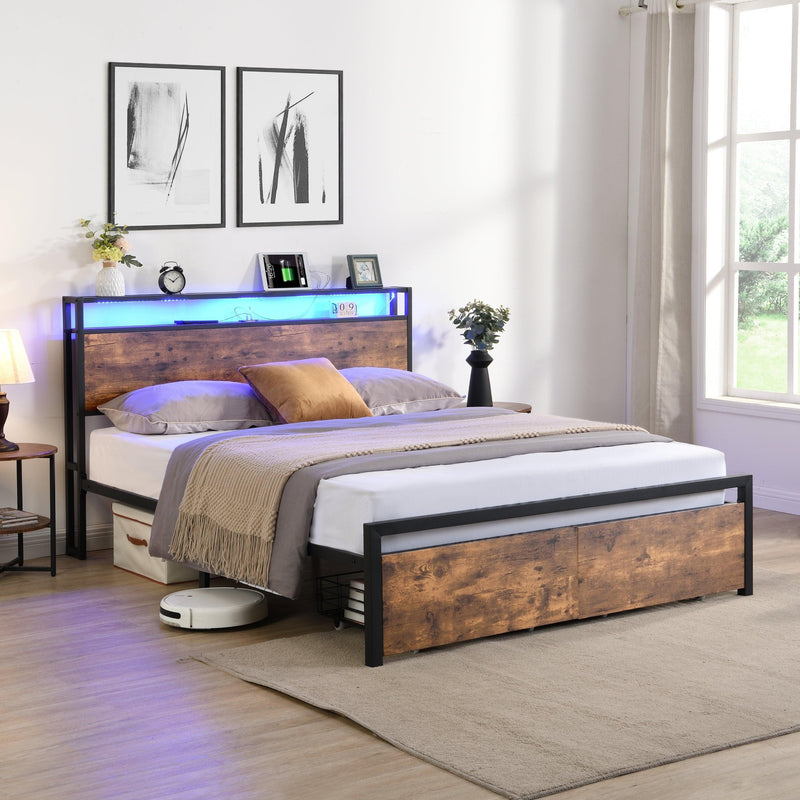 Full Size Bed Frame with Storage Headboard and 2 Drawers, LED Lights Bed with Charging Station, Metal Platform Bed No Noise, Mattress Foundation Strong Metal Slats Support No Box Spring Needed - Supfirm