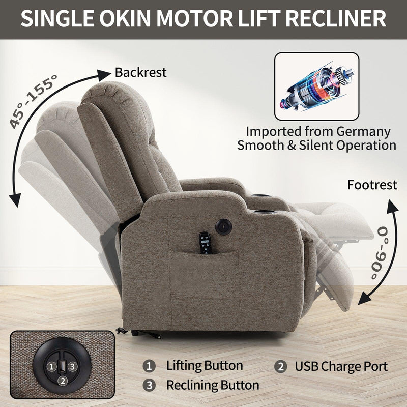 Infinite Position Okin Motor Up to 350 LBS Power Lift Recliner Chair for Elderly, Heavy Duty Motion Mechanism with 8-Point Vibration Massage and Lumbar Heating, USB Charging Port, Cup Holders, Brown - Supfirm