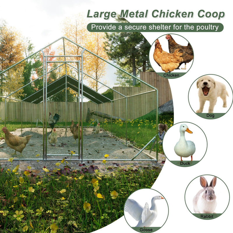 Large Metal Chicken Coop, Walk-in Chicken Run,Galvanized Wire Poultry Chicken Hen Pen Cage, Rabbits Duck Cages with Waterproof and Anti-Ultraviolet Cover for Outside(10' L x 26' W x 6.56' H) - Supfirm