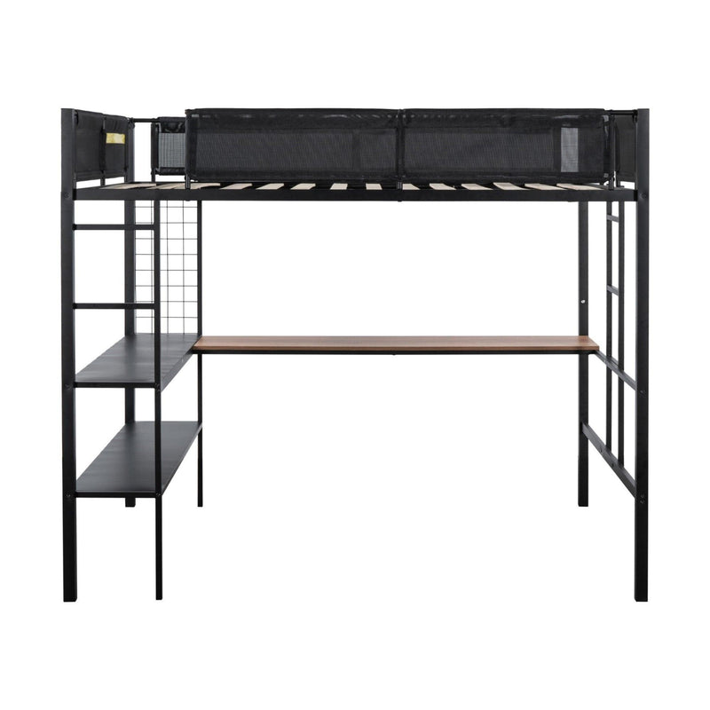 Metal Full Size Loft Bed with Desk & Shelves/ Sturdy Metal Bed Frame/ Noise-free Wood Slats/ Comfortable Textilene Guardrail/ Built-in Desk, 2-tier Shelves & Grid Panel/ 2 Side Ladders - Supfirm