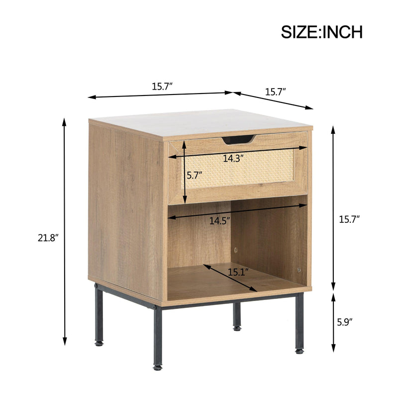 Nightstand Storage End Table with Rattan Door, Open Storage & Solid Metal Legs, Small Bedside Tables Mid Century Modern Side Tables Nightstand for Living Room Bedroom Small Spaces, Natural - Supfirm