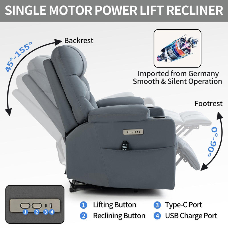 Okin Motor Up to 350 LBS Power Lift Recliner Chair, Heavy Duty Motion Mechanism with 8-Point Vibration Massage and Lumbar Heating, Cup Holders, USB and Type-C Ports, Removable Cushions, Blue - Supfirm