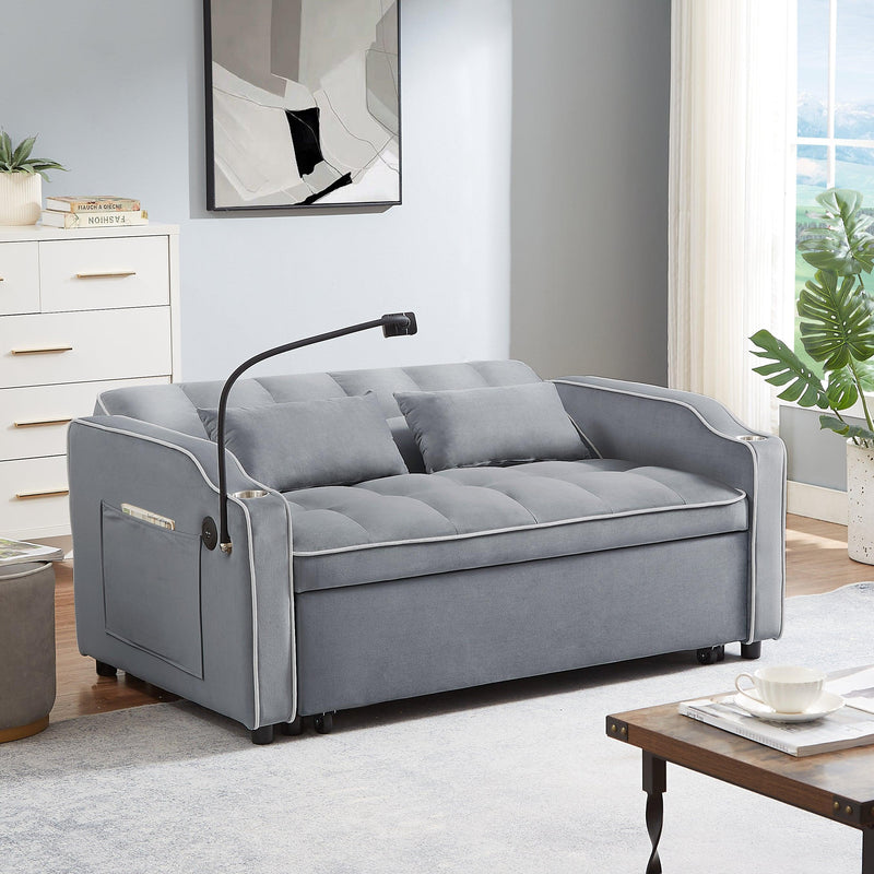 1 versatile foldable sofa bed in 3 lengths, modern sofa sofa sofa velvet pull-out bed, adjustable back and with USB port and ashtray and swivel phone stand (grey) - Supfirm