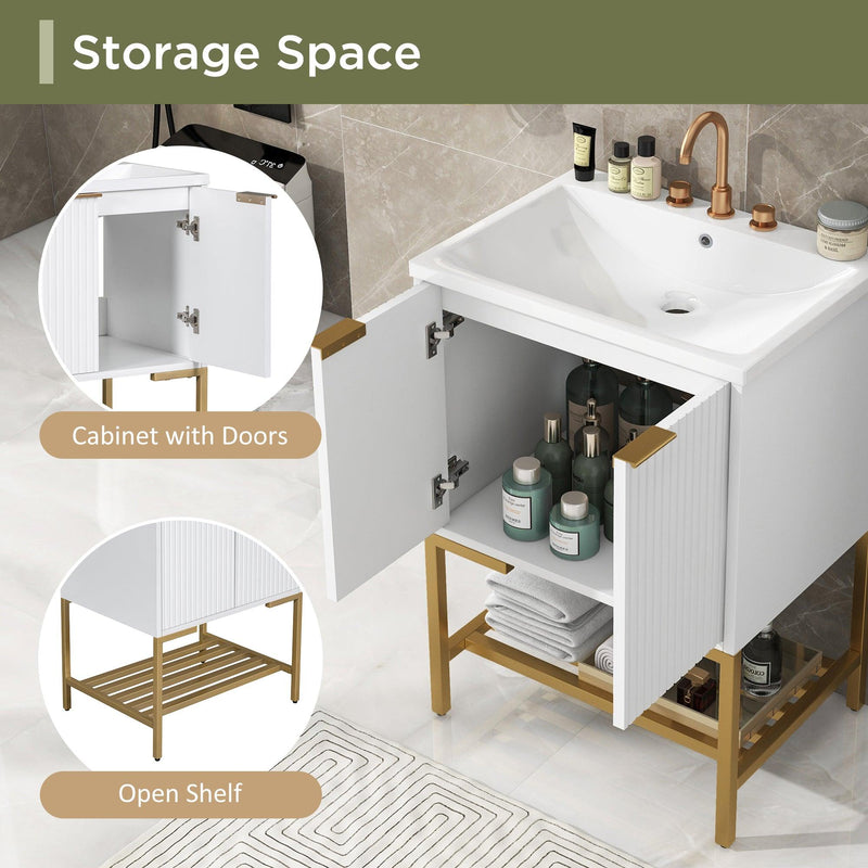Supfirm 24" Bathroom Vanity with Sink, Bathroom Vanity Cabinet with Two Doors and Gold Metal Frame, Open Storage Shelf, White - Supfirm