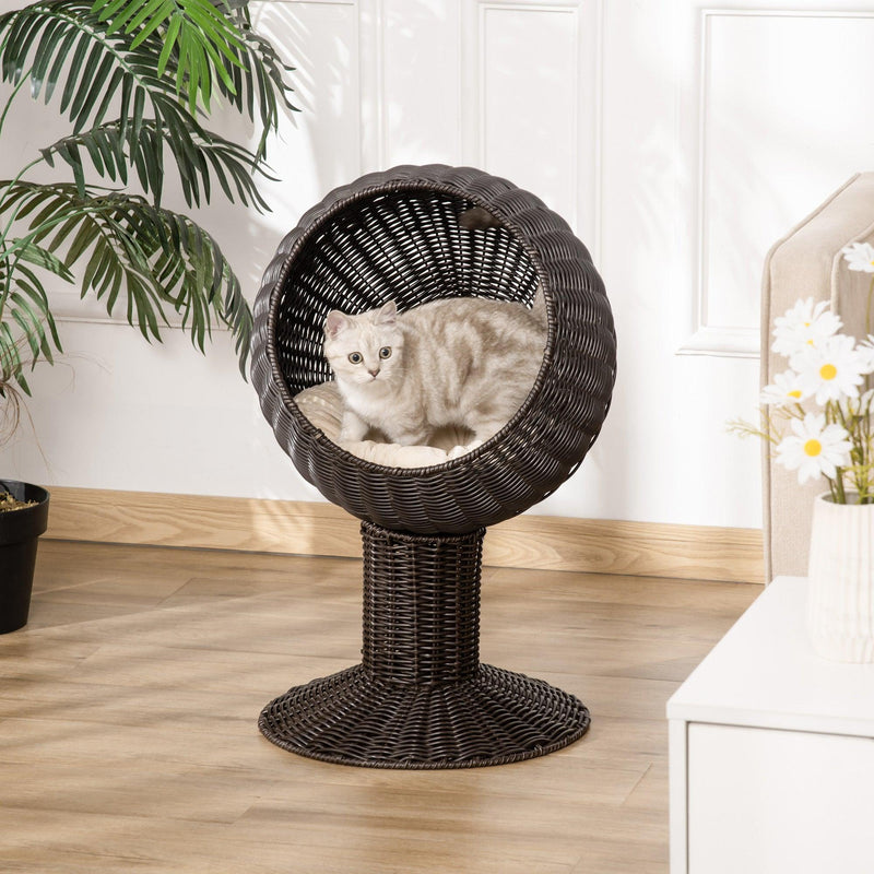 27" Rattan Wicker Elevated Cat House Kitty Scratch House Pet Bed W/ Cushion - Supfirm