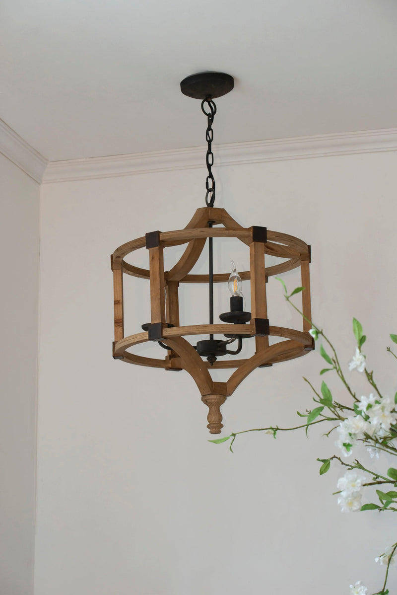 3 - Light Wood Drum Chandelier, Hanging Light Fixture with Adjustable Chain for Kitchen Dining Room Foyer Entryway, Bulb Not Included - Supfirm