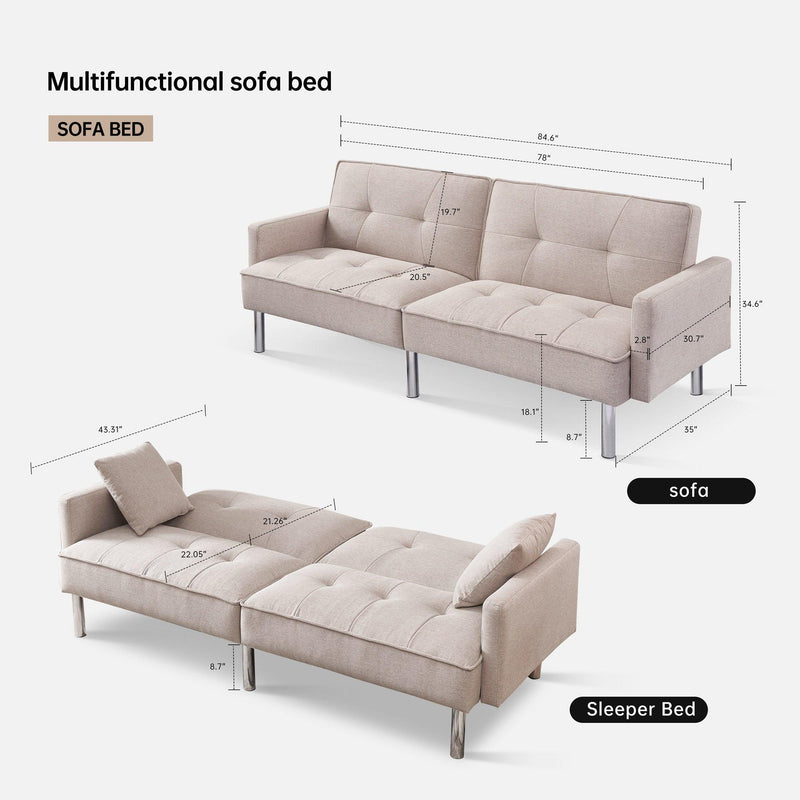 84.6” Extra Long Futon Adjustable Sofa Bed, Modern Tufted Fabric Folding Daybed Guest Bed, Upholstered Modern Convertible Sofa - Beige - Supfirm