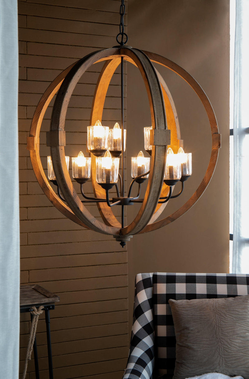 9- Light Globe Chandelier, Wood Chandelier Hanging Light Fixture with Adjustable Chain for Kitchen Dining Room Foyer Entryway, Bulb Not Included - Supfirm