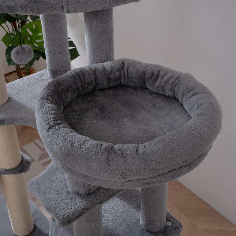 Cat Tree, 105-Inch Cat Tower for Indoor Cats, Plush Multi-Level Cat Condo with 3 Perches, 2 Caves, Cozy Basket and Scratching Board, GRAY COLOR - Supfirm