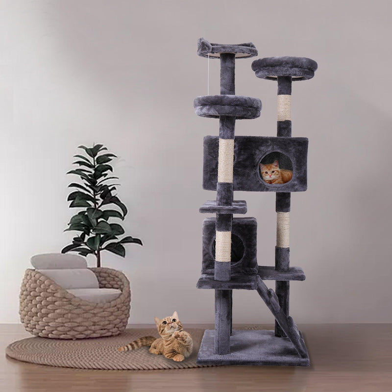 Cat Tree Cat Tower with Scratching Ball, Plush Cushion, Ladder and Condos for Indoor Cats, Gray - Supfirm