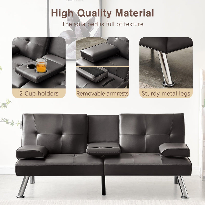 Convertible Sofa Bed Adjustable Couch Sleeper Modern Faux Leather Recliner Reversible Loveseat Folding Daybed Guest Bed, Removable Armrests, Cup Holders, 3 Angles,Brown. - Supfirm