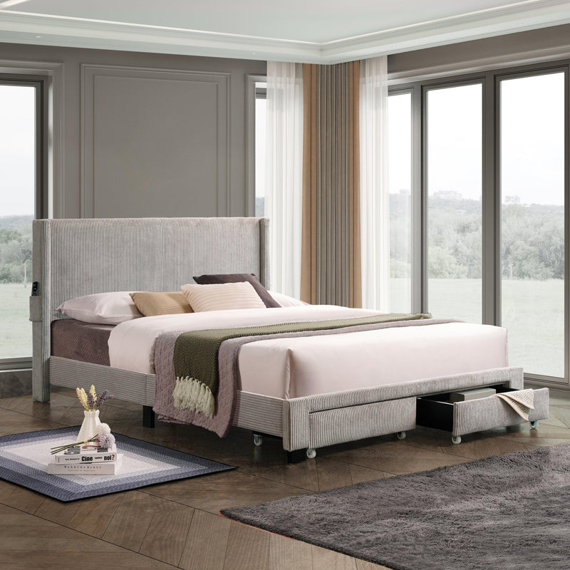 CORDUROY VELVET QUEEN FOOTBOARD DRAWER STORAGE UPHOLSTERED WINGBACK BED NO BOX SPRING REQUIRE GRAY, Common - Supfirm