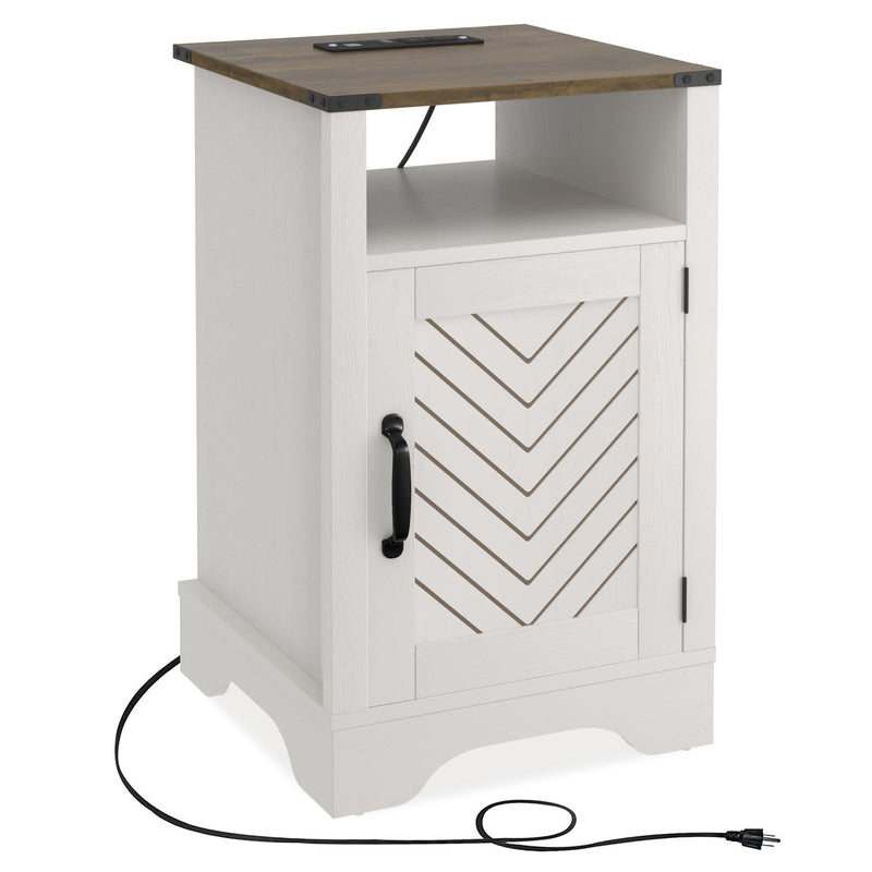 Farmhouse Nightstand Side Table, Wooden Rustic End Table, Tall Bedside Table with Electrical Outlets Charging Station (2 Sets) - White & Oak - Supfirm