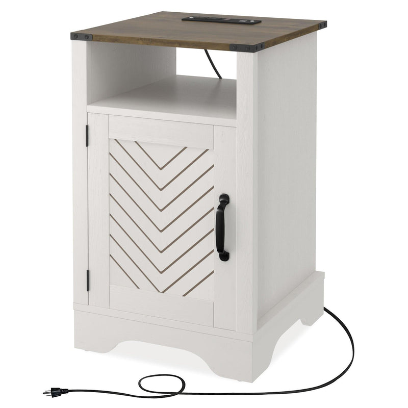 Farmhouse Nightstand Side Table, Wooden Rustic End Table, Tall Bedside Table with Electrical Outlets Charging Station (2 Sets) - White & Oak - Supfirm