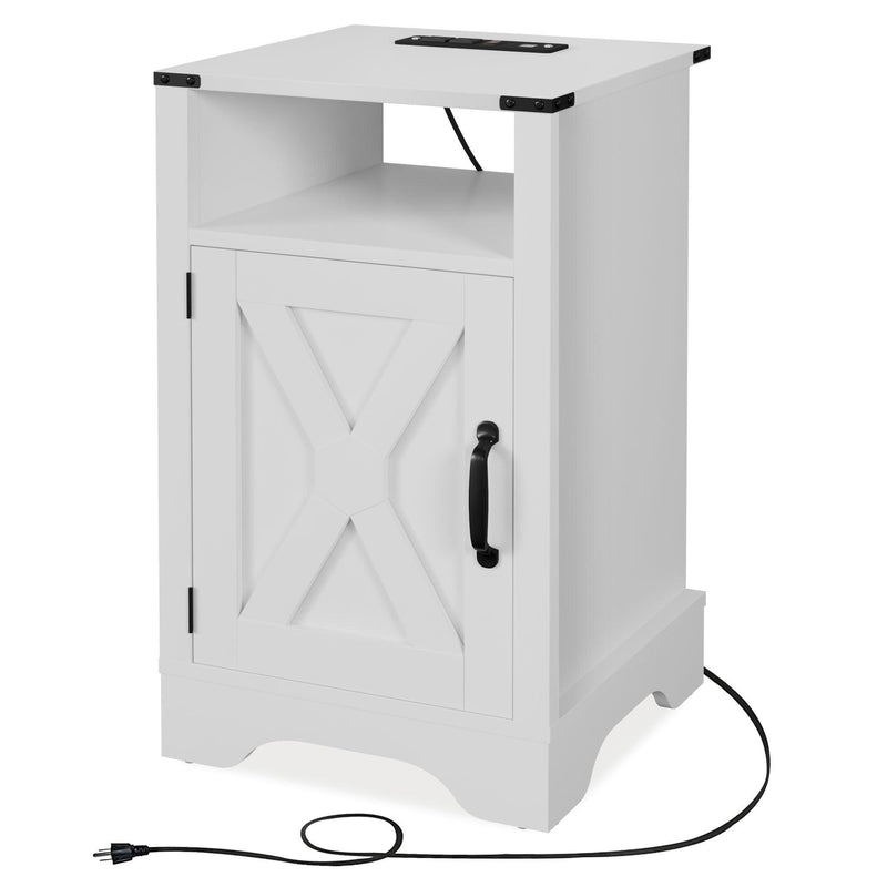 Farmhouse Nightstand Side Table, Wooden Rustic End Table, Tall Bedside Table with Electrical Outlets Charging Station (2 Sets) - White - Supfirm