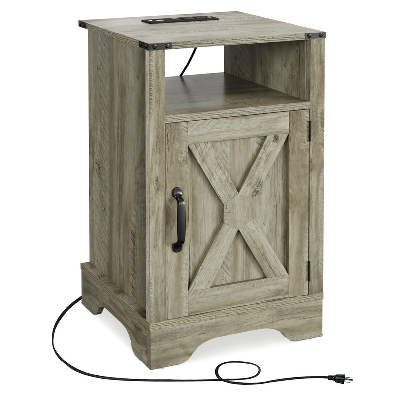 Farmhouse Nightstand Side Table, Wooden Rustic End Table, Tall Bedside Table with Electrical Outlets Charging Station - Light Grey - Supfirm