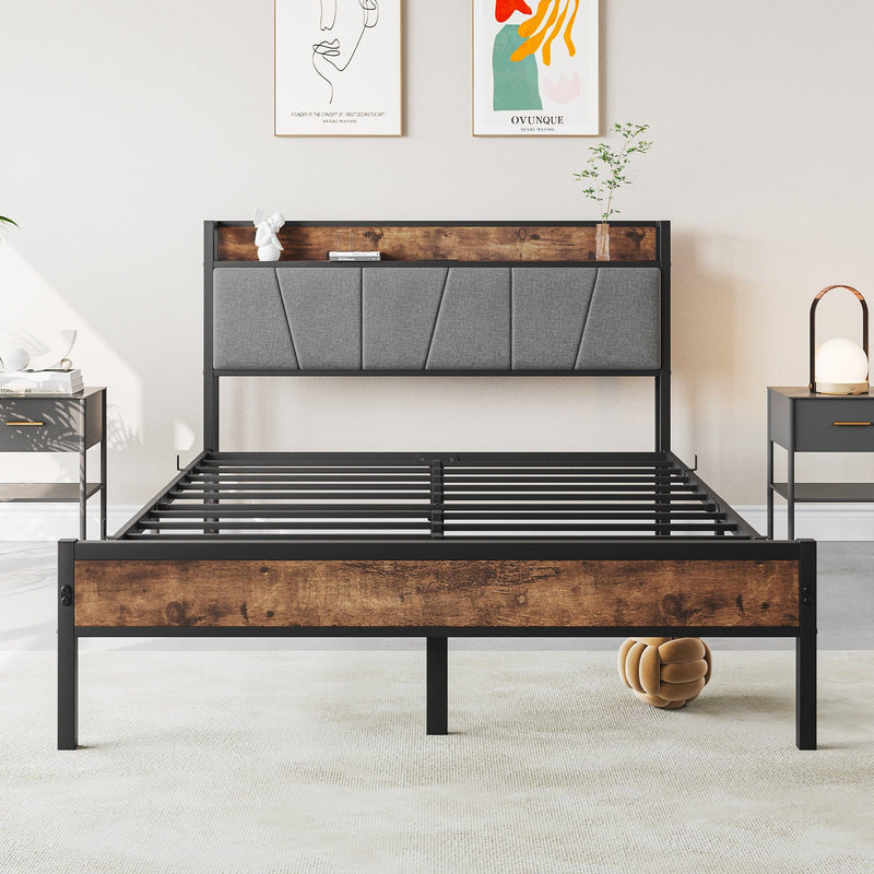 Full Size Bed Frame, Headboard with Charging Station, Solid and Stable, Noise Free, No Box Spring Needed, Easy Assembly,Vintage Brown and Gray, Common - Supfirm