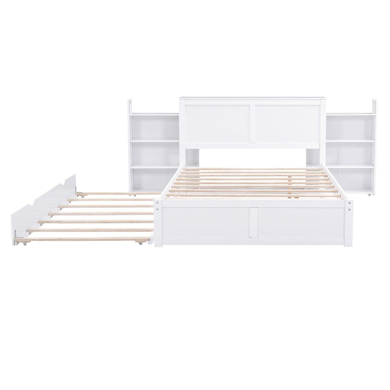Full Size Storage Platform Bed with Pull Out Shelves and Twin Size Trundle, White - Supfirm