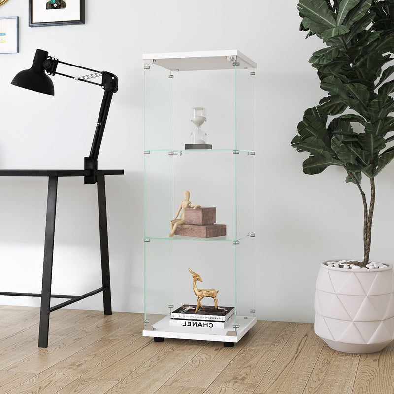 Glass Display Cabinet with 3 Shelves, One-Door Curio Cabinets for Living Room, Bedroom, Office, White Floor Standing Glass Bookshelf, Quick Installation - Supfirm