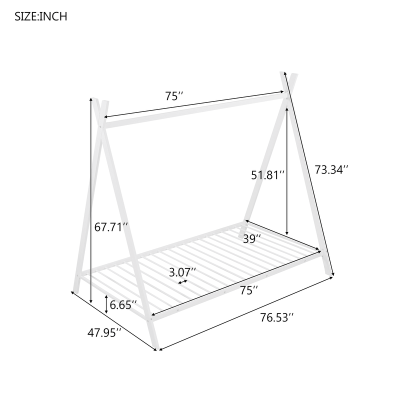 House Bed Tent Bed Frame Twin Size Metal Floor Play House Bed with Slat for Kids Girls Boys , No Box Spring Needed White - Supfirm