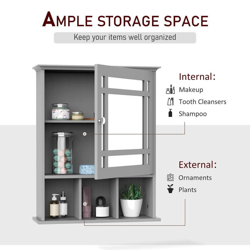 Supfirm kleankin Bathroom Medicine Cabinet with Mirror, Wall Mounted Mirror Cabinet with Door and Storage Shelves, Gray - Supfirm
