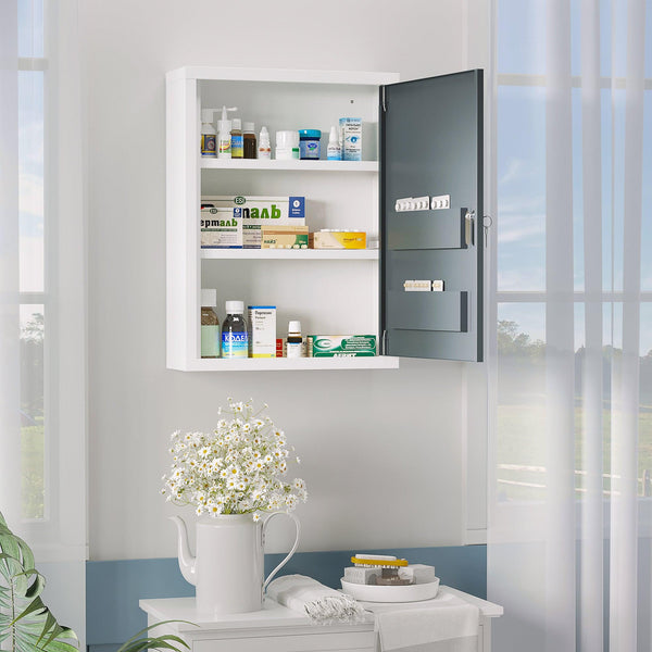 Supfirm kleankin Bathroom Medicine Cabinet with Shelves Inside & On Door, Locking Medical Cabinet for Child & Pet Safety, First Aid Bathroom Wall Cabinet, White and Grey - Supfirm
