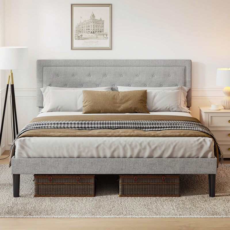 Light Grey Bed Frame with Adjustable Border Headboard Queen Size, Common - Supfirm