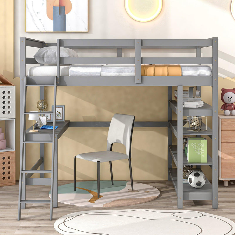 Loft Bed Full with desk,ladder,shelves , Grey - Supfirm