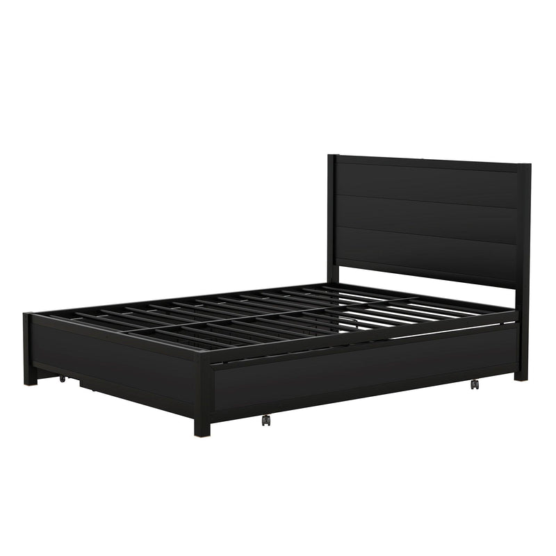 Metal Full Size Storage Platform Bed with Twin Size Trundle and 2 Drawers, Black - Supfirm