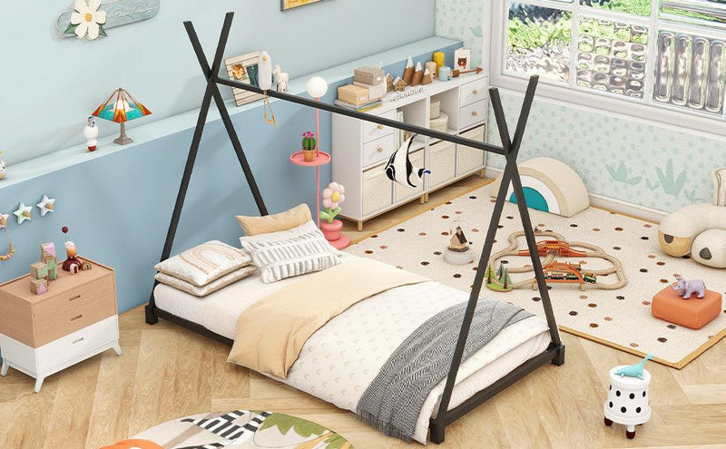 Metal Twin Size House Platform Bed with Triangle Structure, Black - Supfirm