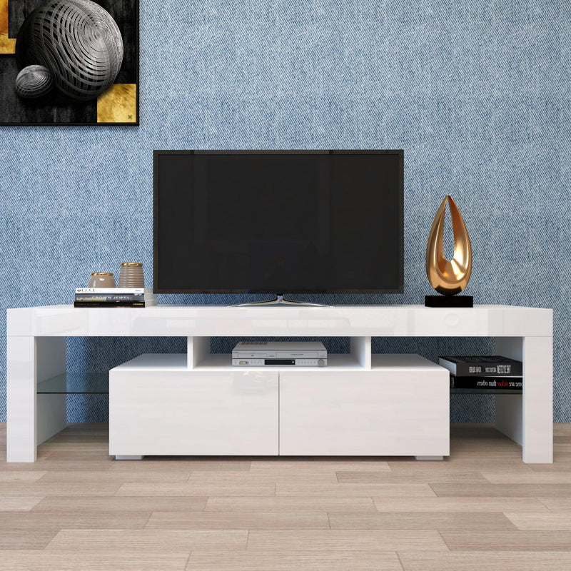 Modern White TV Stand, 20 Colors LED TV Stand w/Remote Control Lights - Supfirm